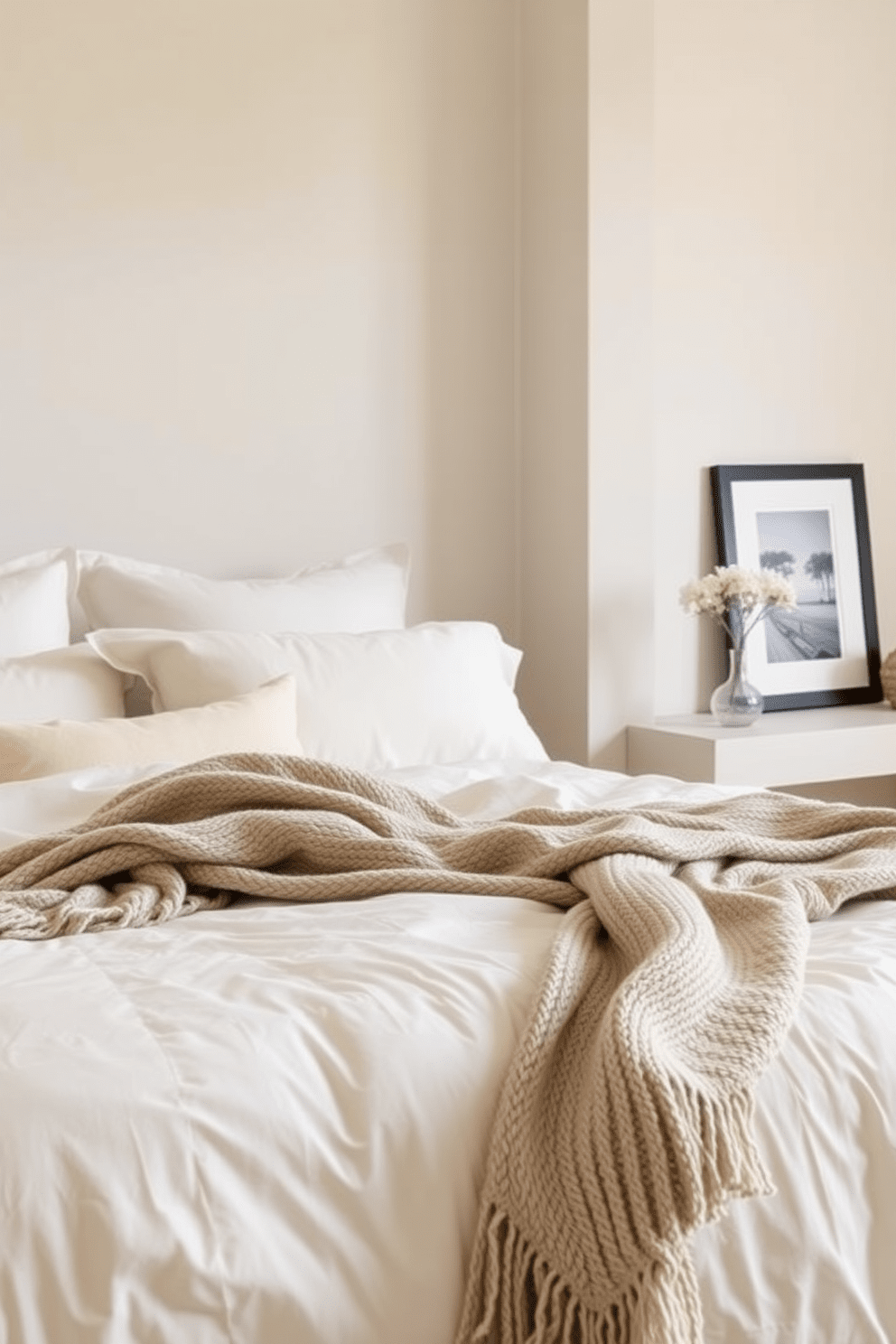 A serene bedroom design featuring cream bedding layered with textured throws for added warmth and comfort. The walls are painted in soft neutral tones, creating a calming atmosphere that complements the elegant decor.