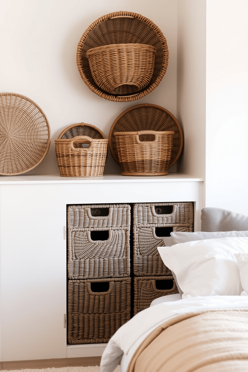 A serene bedroom featuring woven baskets for stylish storage. The baskets are artfully placed in the corner, adding texture and warmth to the space. The walls are painted in soft neutral tones, creating a calming atmosphere. A plush bed with layered bedding complements the overall design, inviting relaxation and comfort.