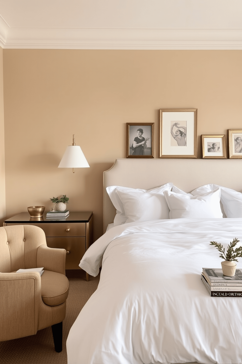 A serene bedroom space featuring soft neutral tones with a plush king-sized bed dressed in crisp white linens. Brass accents are incorporated through a stylish bedside lamp and decorative picture frames, adding a touch of elegance to the overall design. The walls are painted in a warm beige, creating a calming atmosphere that invites relaxation. A cozy armchair in a complementary shade sits in the corner, with a small brass side table holding a stack of books and a delicate plant.