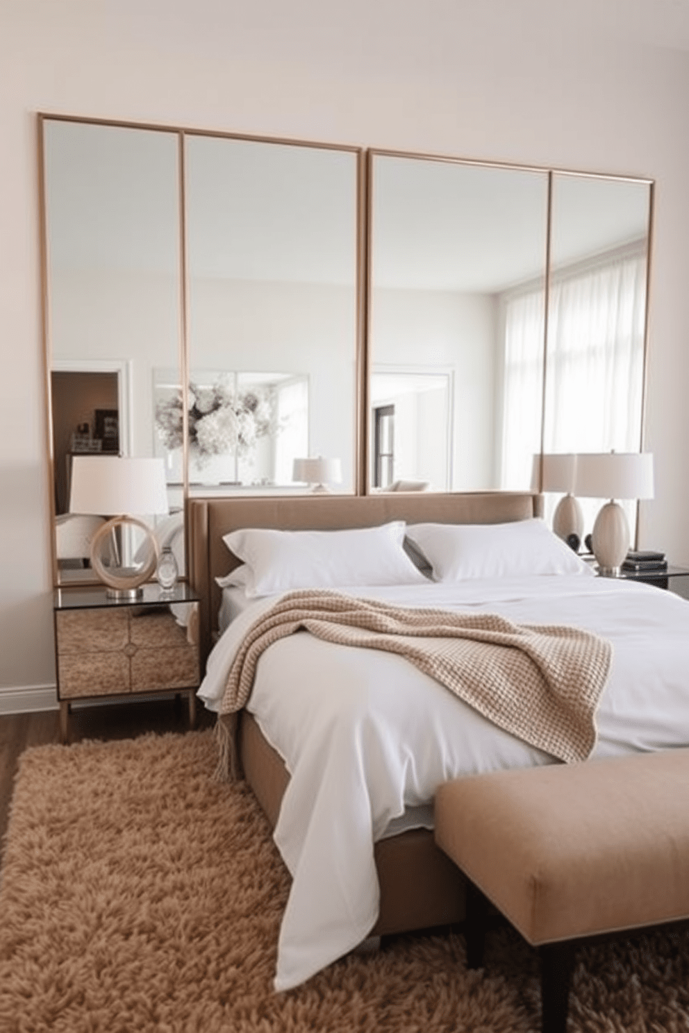 A serene bedroom setting featuring large mirrors that reflect natural light and create an airy atmosphere. The walls are painted in soft neutral tones, complemented by a plush beige rug that adds warmth to the space. The bed is dressed in crisp white linens with a textured throw blanket draped casually across the foot. Stylish bedside tables flanking the bed hold elegant lamps that provide a soft glow for evening relaxation.