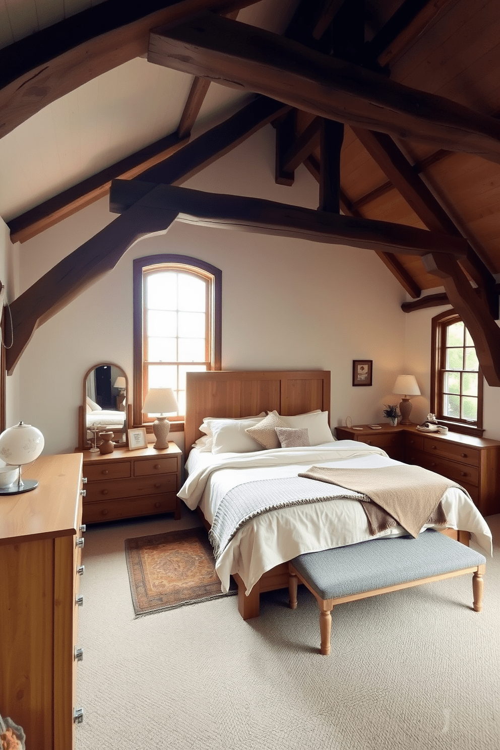 A cozy bedroom featuring rustic wooden beams that add warmth and character to the space. The walls are painted in soft neutral tones, complemented by natural wood furniture and plush textiles for a serene atmosphere. A spacious layout with a comfortable bed adorned with light-colored linens. Large windows allow natural light to flood the room, enhancing the tranquil and inviting ambiance.