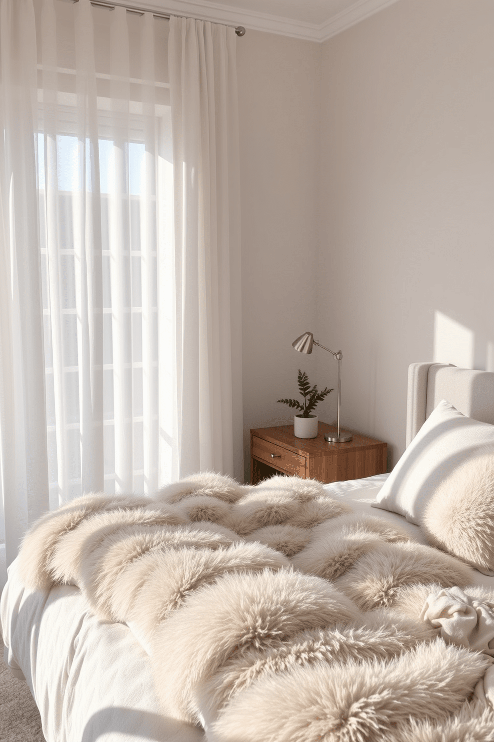 A serene bedroom setting featuring a neutral color palette with soft beige and light gray tones. The bed is adorned with plush faux fur throws that add a cozy appeal, complemented by matching decorative pillows. Natural light floods the room through sheer white curtains, creating a warm and inviting atmosphere. A minimalist wooden nightstand holds a small potted plant and a stylish lamp, enhancing the tranquil vibe of the space.