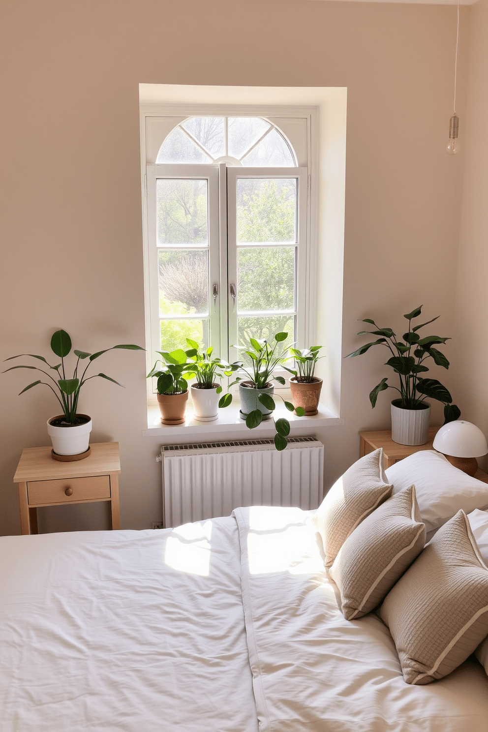 A serene bedroom filled with natural light. Potted plants are strategically placed on the windowsill and bedside tables, adding a fresh and vibrant touch to the space. The walls are painted in soft beige tones, creating a calming atmosphere. A plush bed with neutral linens and textured throw pillows invites relaxation and comfort.