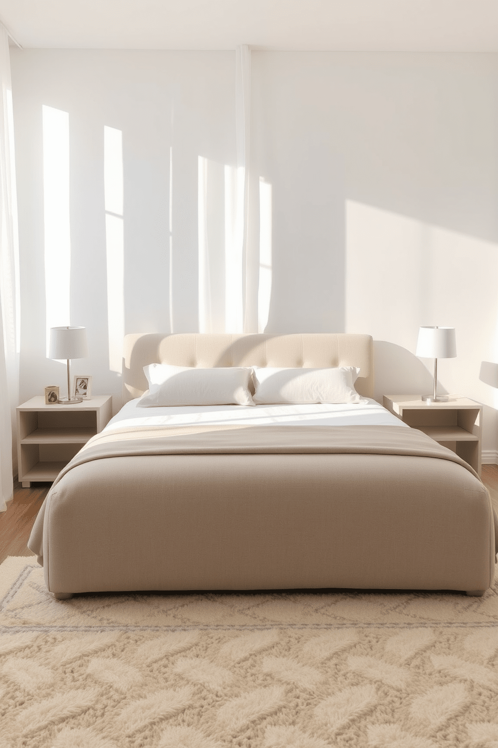 Simple nightstands with clean lines are positioned on either side of a plush upholstered bed. The room features a soft color palette of whites and beiges, creating a serene and inviting atmosphere. Natural light filters through sheer curtains, illuminating the minimalist decor. A cozy area rug anchors the space, adding warmth and texture to the neutral bedroom design.