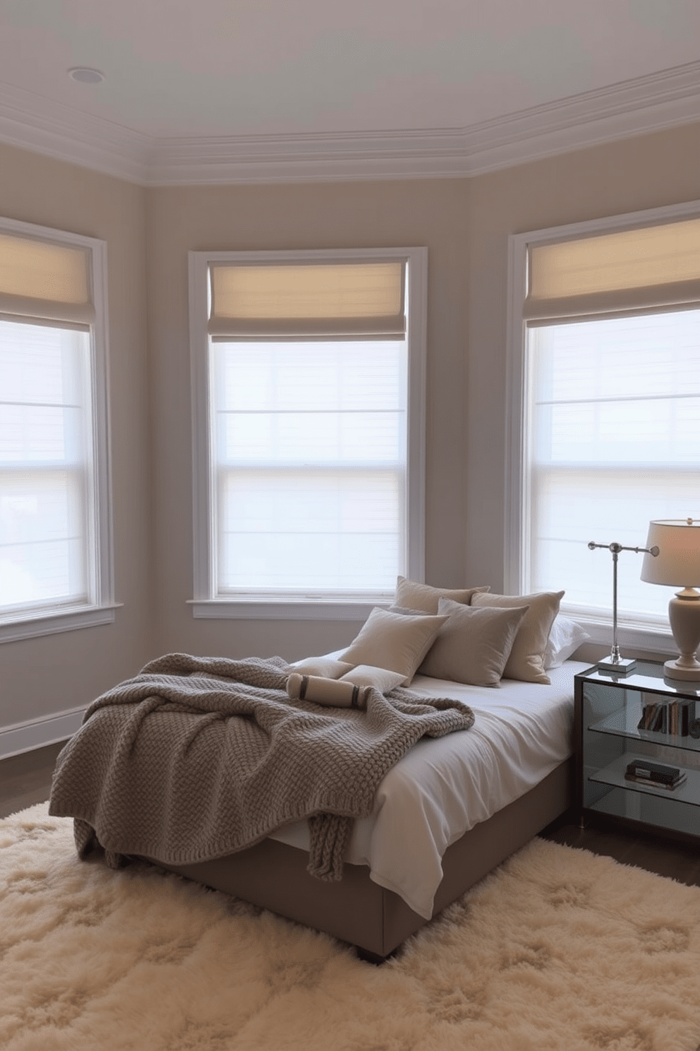 A serene bedroom setting featuring translucent window treatments that gently diffuse natural light while ensuring privacy. The walls are painted in soft beige, complemented by a plush cream-colored area rug that adds warmth to the space. The bed is dressed in neutral linens with a mix of textures, including a chunky knit throw and decorative pillows in muted tones. A pair of elegant bedside lamps with soft, warm light sit on each side of the bed, enhancing the tranquil atmosphere.