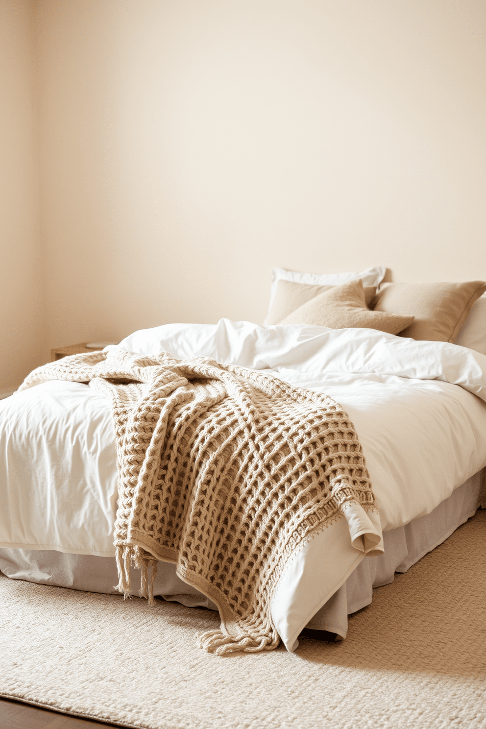 A serene bedroom setting featuring layered textures with cozy blankets. The bed is dressed in soft, neutral-toned linens with a chunky knit throw draped across the foot. The walls are painted in a light beige hue, creating a warm and inviting atmosphere. A plush area rug in a subtle pattern anchors the space, while decorative pillows add depth and comfort to the bedding.