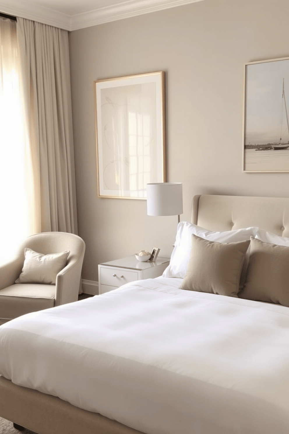 A serene bedroom space featuring neutral-toned artwork that adds subtle interest to the walls. The artwork complements the soft beige and cream color palette of the room, creating a calming atmosphere. The bedroom is furnished with a plush king-sized bed dressed in crisp white linens and layered with soft taupe and gray throw pillows. Natural light filters through sheer curtains, illuminating a cozy reading nook with a comfortable armchair and a small side table.