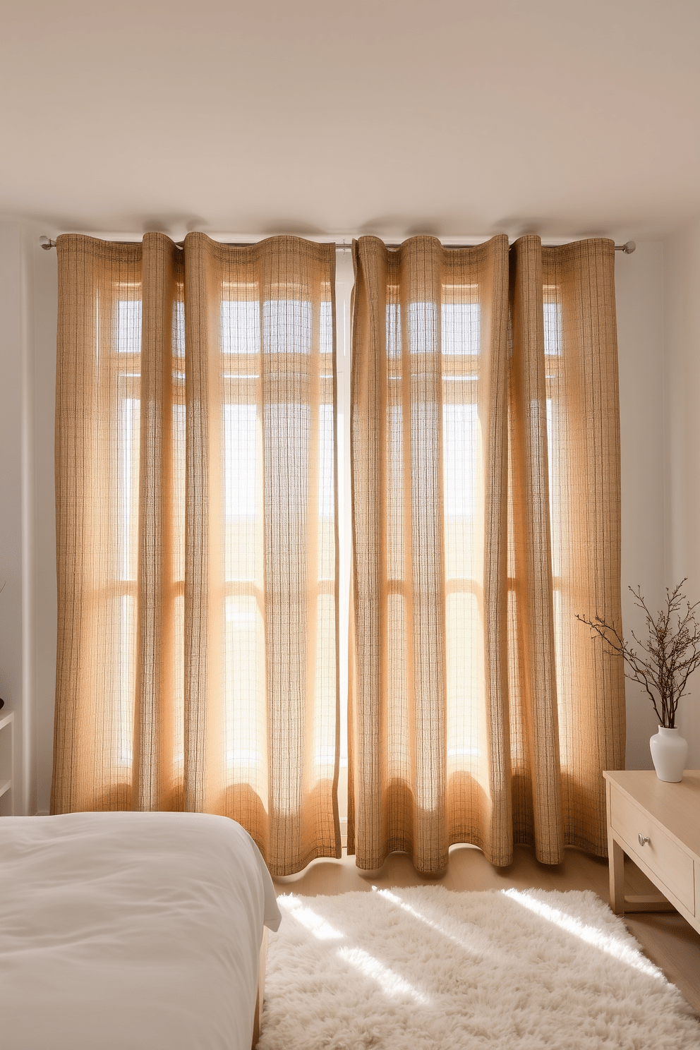 A serene bedroom featuring natural fiber curtains that softly filter light. The walls are painted in a calming neutral palette, complemented by a plush area rug and minimalist furnishings.