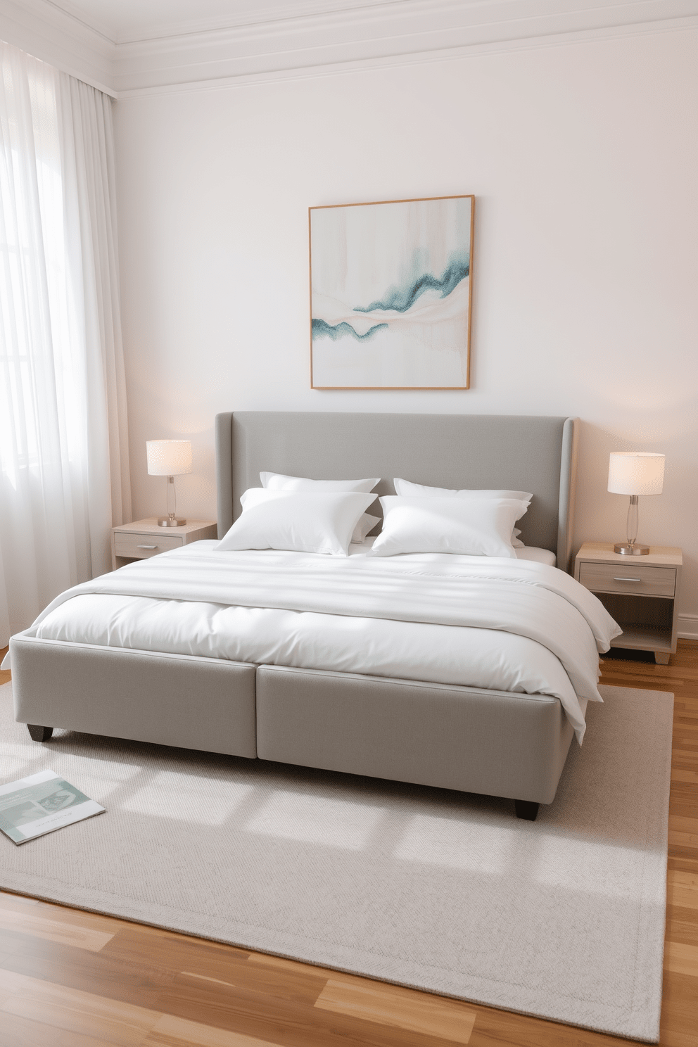 A calming bedroom setting featuring a soft gray upholstered bed with white bedding and plush pillows. The walls are painted in a warm white tone, creating a serene atmosphere complemented by natural light filtering through sheer curtains. A minimalist nightstand made of light wood sits on either side of the bed, adorned with simple lamps that emit a warm glow. A cozy area rug in a light gray hue anchors the space, while a large piece of abstract art in soft tones hangs above the bed, adding a touch of elegance.