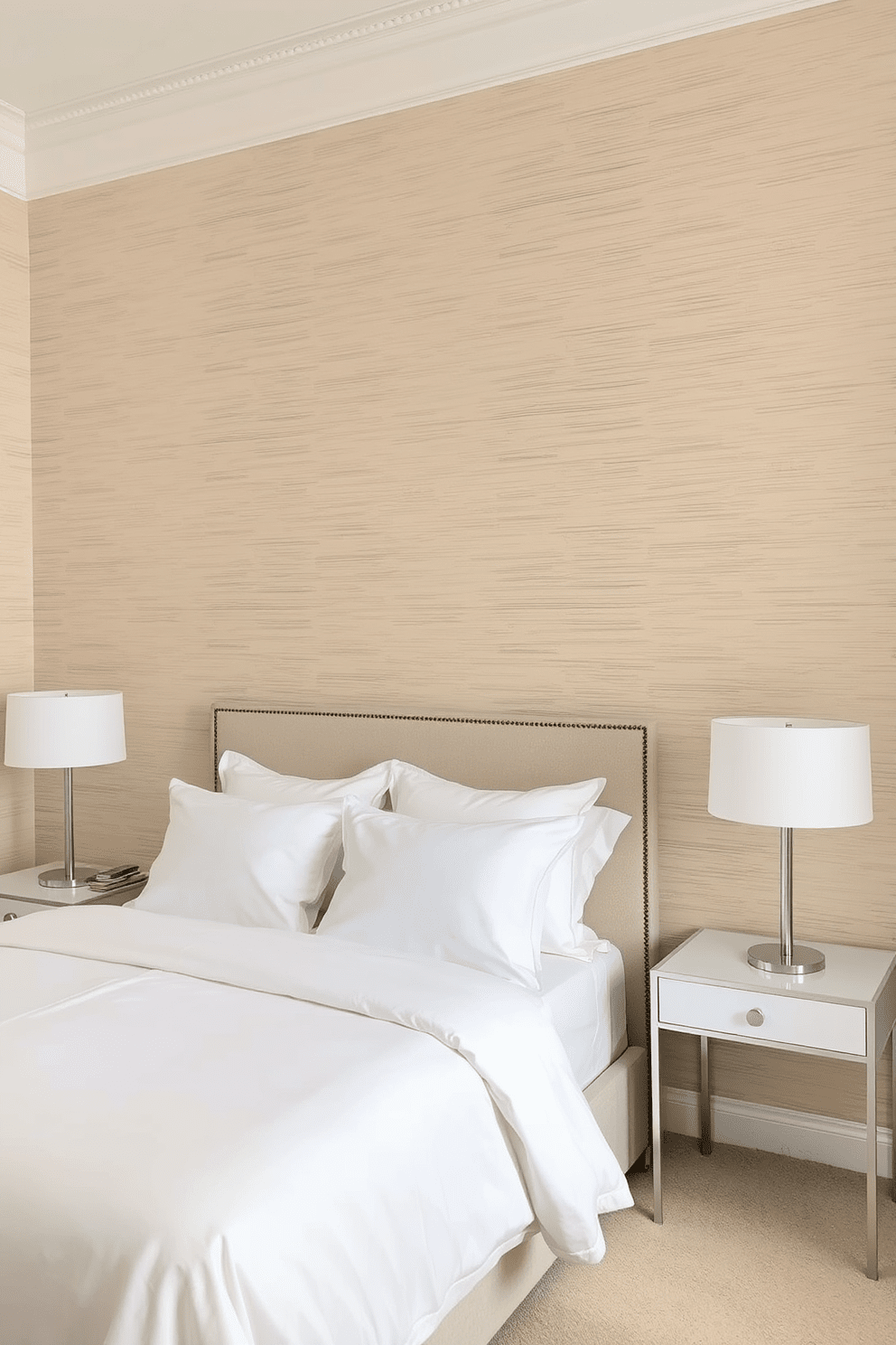 Textured wallpaper in soft beige tones creates a warm and inviting atmosphere. The subtle patterns add depth to the walls, enhancing the overall elegance of the space. A plush bed dressed in crisp white linens serves as the focal point of the room. Complementary nightstands with sleek lamps provide functionality while maintaining a minimalist aesthetic.