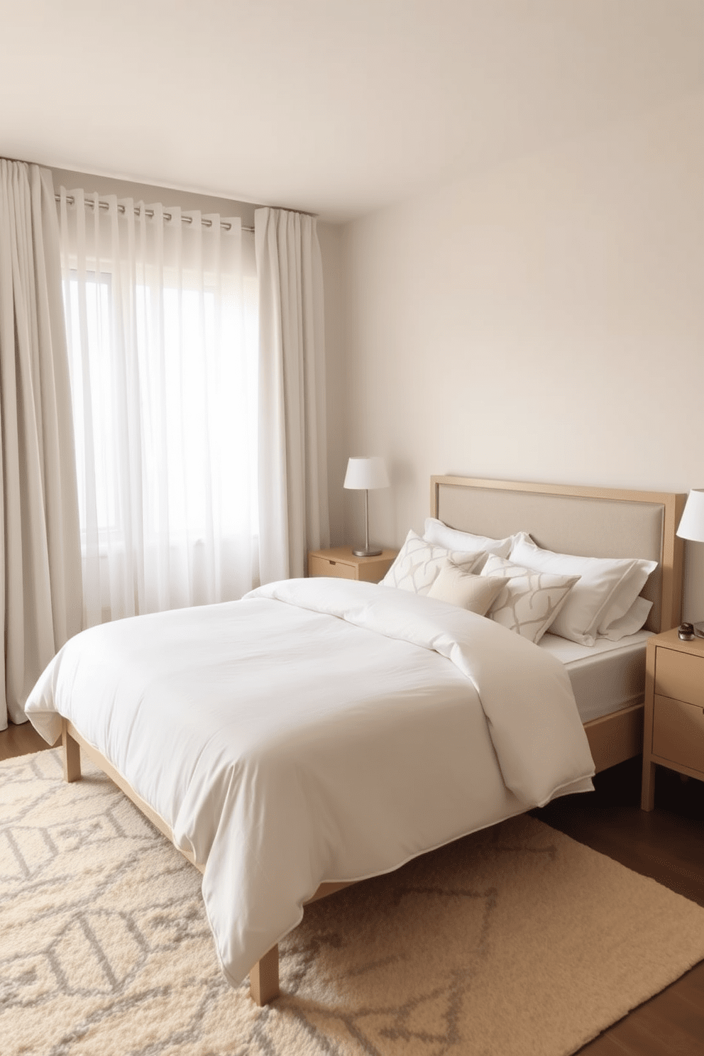 A serene neutral bedroom featuring simple geometric patterns on the bedding and throw pillows. The walls are painted in a soft beige, complementing the light wood furniture and adding warmth to the space. A minimalist design with a focus on clean lines and subtle textures. A plush area rug with a geometric design anchors the room, while sheer curtains allow natural light to filter in gently.