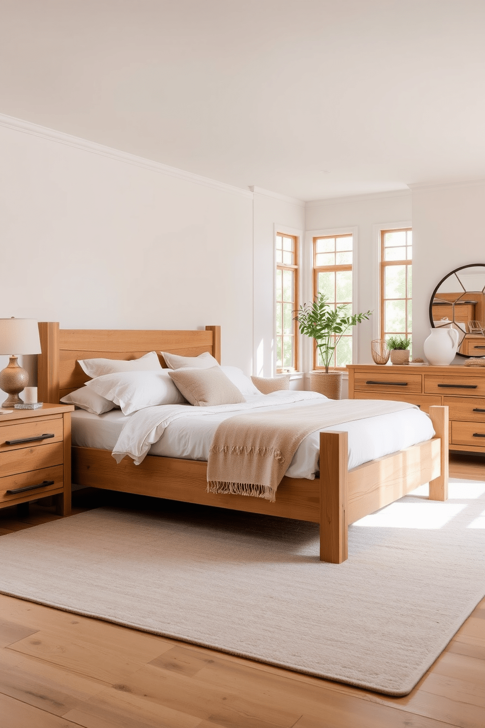 Natural wood furniture creates a warm and inviting atmosphere in a neutral bedroom. The design features a large wooden bed frame with soft linen bedding, complemented by matching nightstands and a rustic dresser. Soft beige and cream tones dominate the walls and textiles, enhancing the serene ambiance. A plush area rug in a light shade adds comfort underfoot, while large windows allow natural light to fill the space.