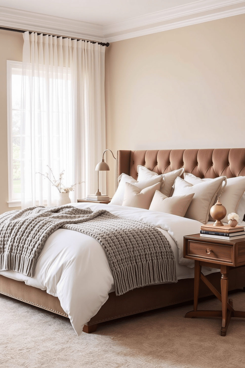 A serene bedroom retreat featuring a muted color palette with soft beige walls and a plush taupe upholstered headboard. The bedding is layered with various textures, including a chunky knit throw and silky accent pillows, creating a cozy yet elegant atmosphere. Natural light filters through sheer white curtains, illuminating a stylish wooden bedside table adorned with a small decorative lamp and a stack of books. A soft area rug in muted tones anchors the space, complementing the rich textures of the bedding and furniture.