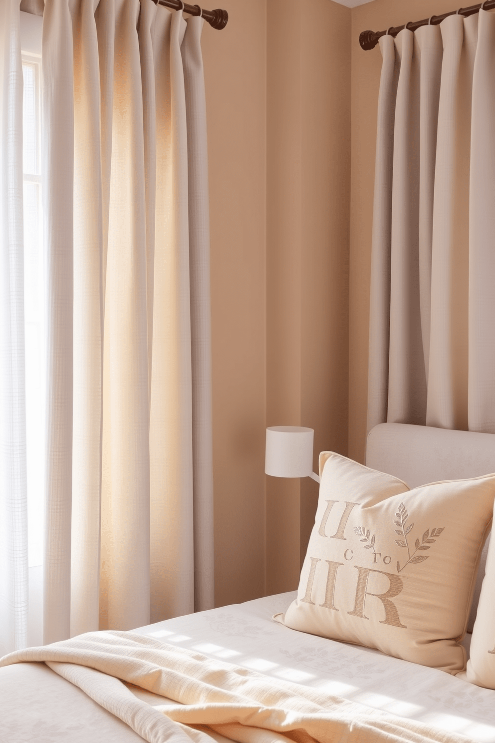 A neutral bedroom design featuring light gray curtains that gently diffuse soft natural light into the space. The walls are painted in a warm beige tone, complementing a plush cream-colored bedspread and matching pillows.