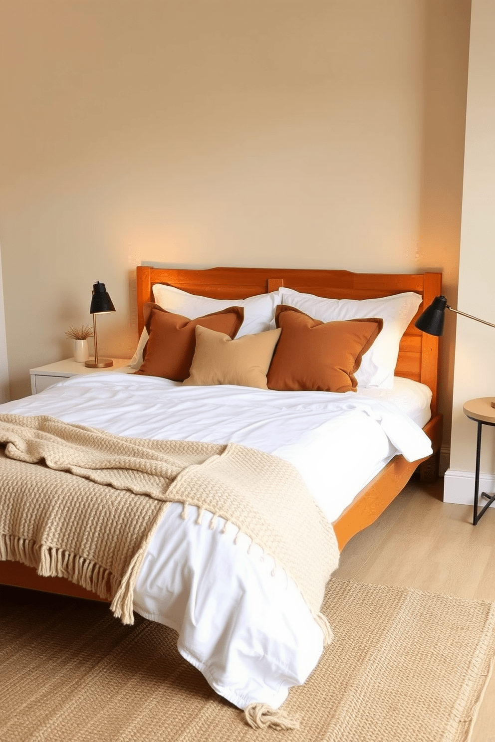 A serene bedroom setting featuring earthy tones in decorative pillows. The walls are painted in a soft beige, complemented by a warm wooden bed frame and a cozy knit throw at the foot of the bed. The bedding is layered with crisp white sheets and a textured duvet. Soft lighting from bedside lamps enhances the calming atmosphere, while a jute rug adds warmth to the space.