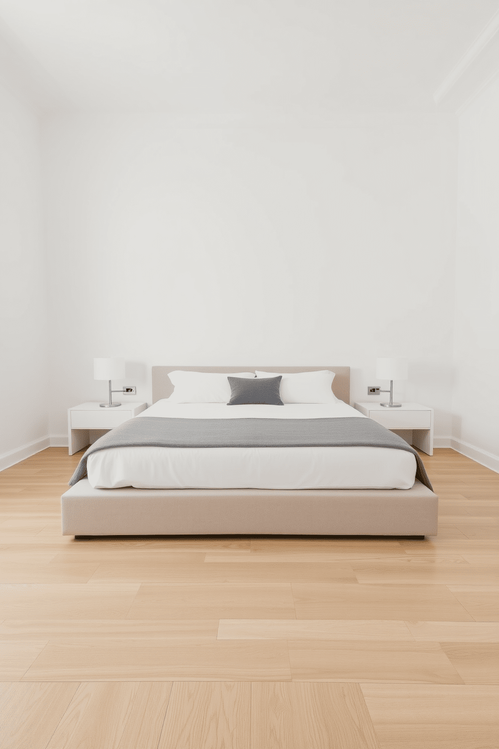 A serene bedroom featuring a minimalist decor style. The walls are painted in soft white, and the flooring is light wood, creating a calm atmosphere. A low-profile platform bed is centered in the room with crisp white linens and a single gray throw blanket. A pair of simple nightstands with sleek lamps sit on either side of the bed, enhancing the uncluttered aesthetic.