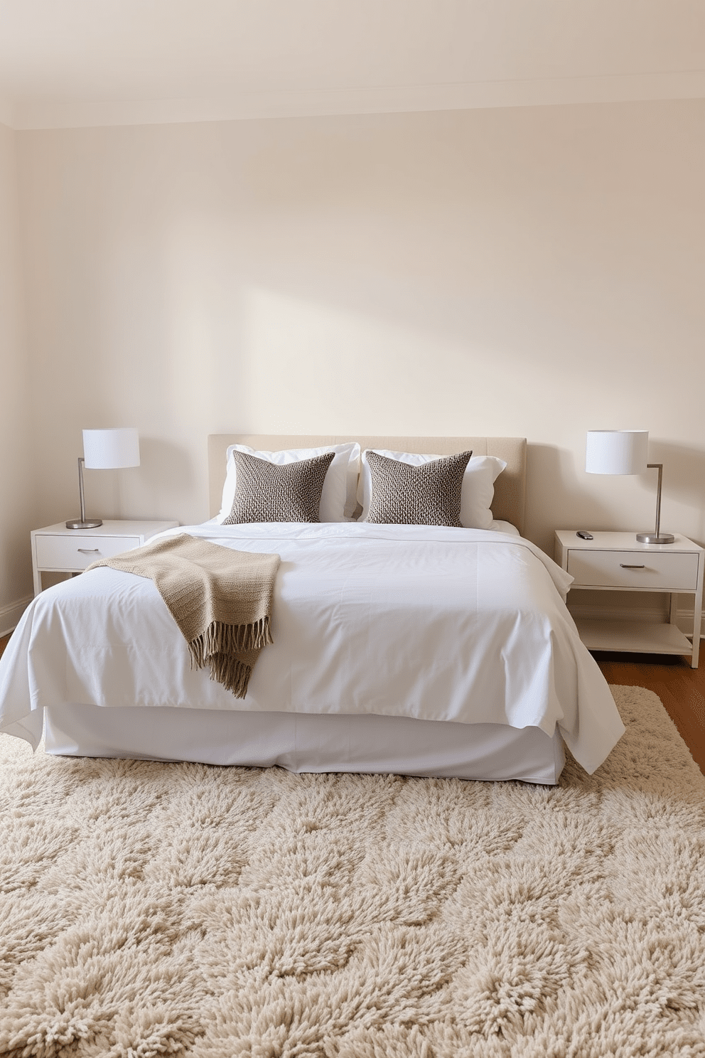 A serene bedroom setting featuring a neutral color palette. The walls are painted in soft beige, complemented by a plush neutral area rug that adds warmth and comfort underfoot. The bed is dressed in crisp white linens with textured throw pillows in muted tones. Beside the bed, sleek nightstands hold minimalist lamps, creating a calm and inviting atmosphere.