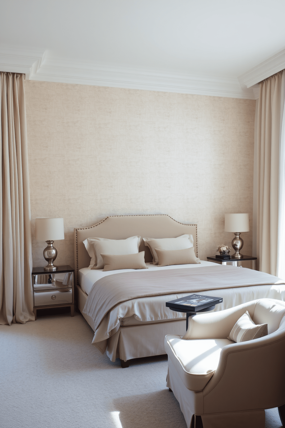 A serene bedroom featuring an accent wall adorned with subtle wallpaper in soft tones. The room is furnished with a plush bed dressed in neutral linens and complemented by a pair of elegant bedside tables. Natural light filters through sheer curtains, enhancing the calming atmosphere. A cozy armchair sits in the corner, inviting relaxation with a small side table for books or a cup of tea.