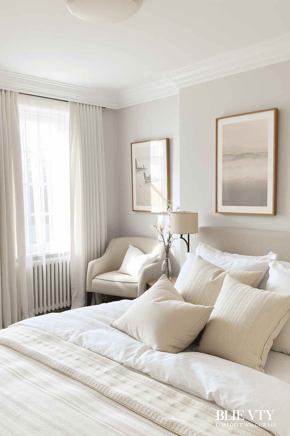 A serene bedroom featuring muted pastel artwork that enhances the gentle color palette. The walls are painted in soft whites and light grays, creating a calming atmosphere. The bedding consists of layers of soft textures in pastel shades, complemented by plush throw pillows. Natural light filters through sheer curtains, illuminating a cozy reading nook with a comfortable chair and a small side table.