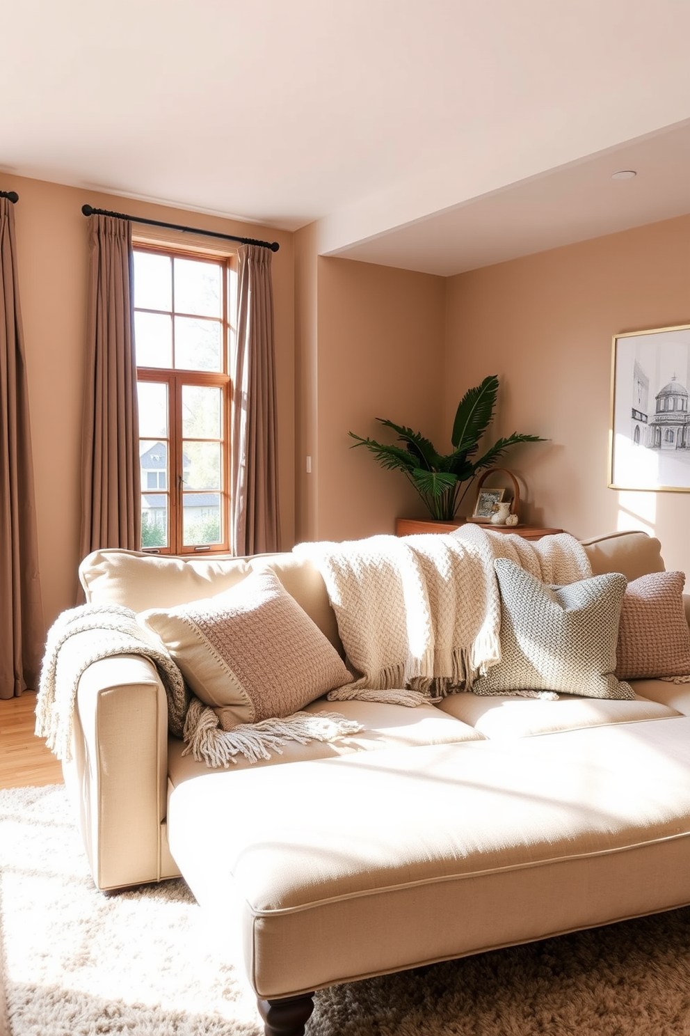 A cozy beige sofa is adorned with textured throw blankets, creating an inviting focal point in the room. Large windows allow natural light to flood in, highlighting the soft hues of the surrounding decor. The walls are painted in a warm neutral tone, complementing the sofa and enhancing the overall ambiance. A plush area rug anchors the space, adding warmth and comfort underfoot.