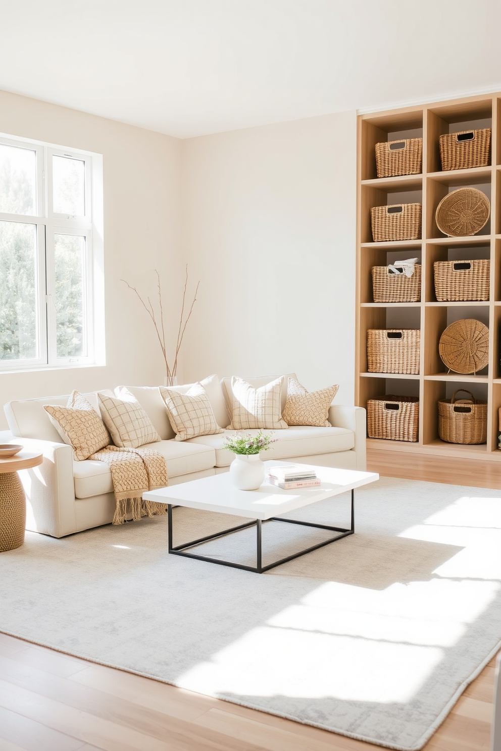 Woven baskets are arranged neatly in an open shelving unit, providing both functionality and a touch of warmth to the space. The living room features a neutral color palette with soft beige walls and a plush cream sofa adorned with textured throw pillows. A large area rug in a light gray tone anchors the seating area, creating a cozy atmosphere. Natural light floods the room through large windows, highlighting the simplicity and elegance of the design.