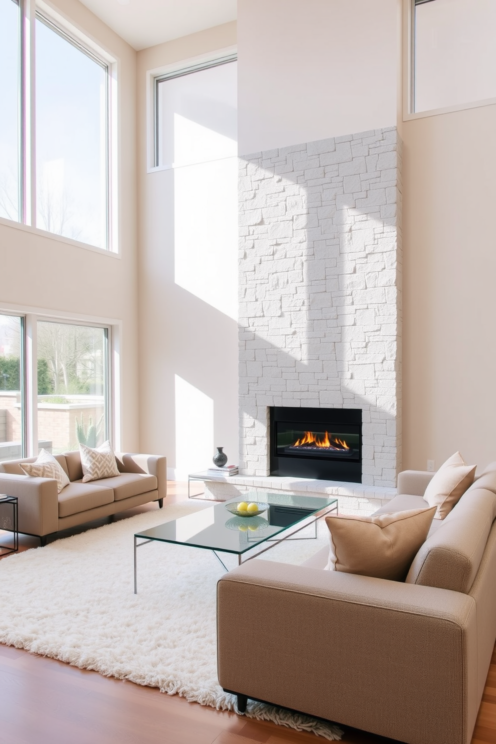 A sleek modern fireplace with a stone surround serves as the focal point of the living room. The space features a neutral color palette with soft beige walls and a plush cream rug underfoot. Minimalist furniture arrangements include a low-profile sectional sofa and a glass coffee table. Large windows allow natural light to flood the room, enhancing the airy and inviting atmosphere.