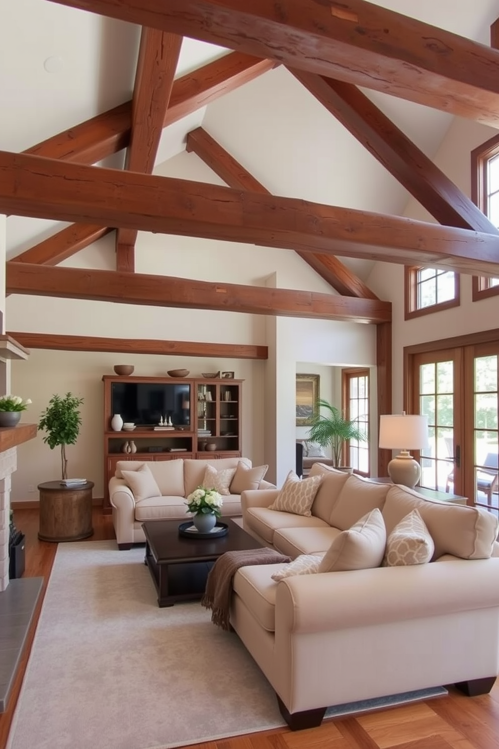 A cozy living room featuring rustic wooden beams that add character and charm to the space. The room is adorned with neutral-toned furnishings, including a soft beige sofa and a light gray area rug, creating a warm and inviting atmosphere.