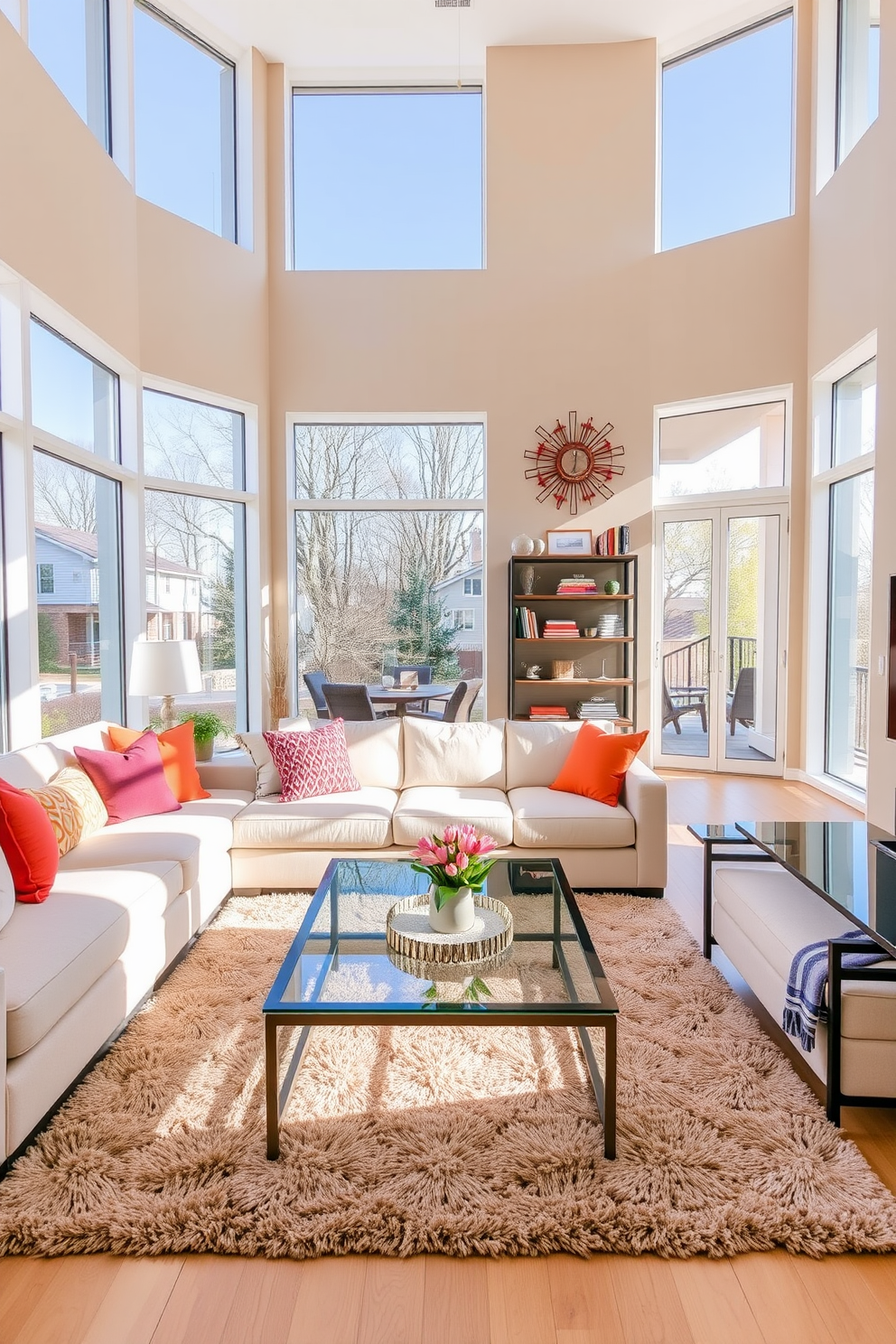 A bright and airy living room features floor-to-ceiling windows that flood the space with natural light. The walls are painted in a soft beige tone, complemented by a plush cream sofa adorned with colorful throw pillows. A sleek coffee table sits in the center, made of glass and brushed metal for a modern touch. A cozy area rug anchors the seating arrangement, while a stylish bookshelf showcases decorative items and books.