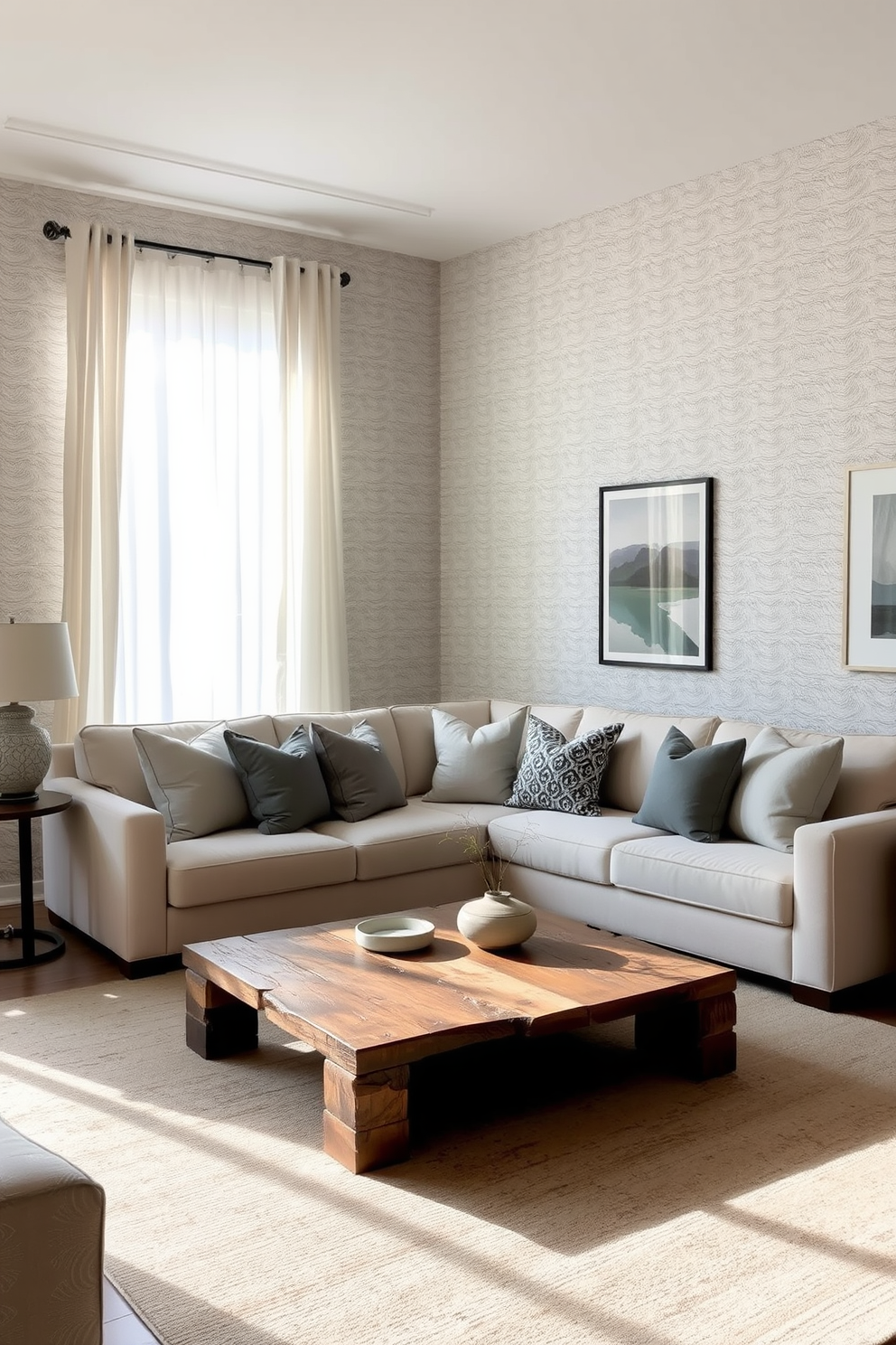 A neutral living room featuring textured wallpaper that adds depth and visual interest to the space. The room is furnished with a comfortable sofa in soft beige, complemented by accent pillows in various shades of gray and cream. Natural light filters through sheer curtains, illuminating a stylish coffee table made of reclaimed wood. A large area rug anchors the seating area, while carefully selected artwork adorns the walls, enhancing the overall aesthetic.