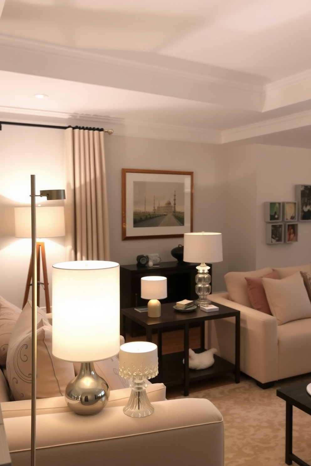 A neutral living room designed with layered lighting features a combination of stylish table and floor lamps. The color palette includes soft beiges and grays, creating a warm and inviting atmosphere.