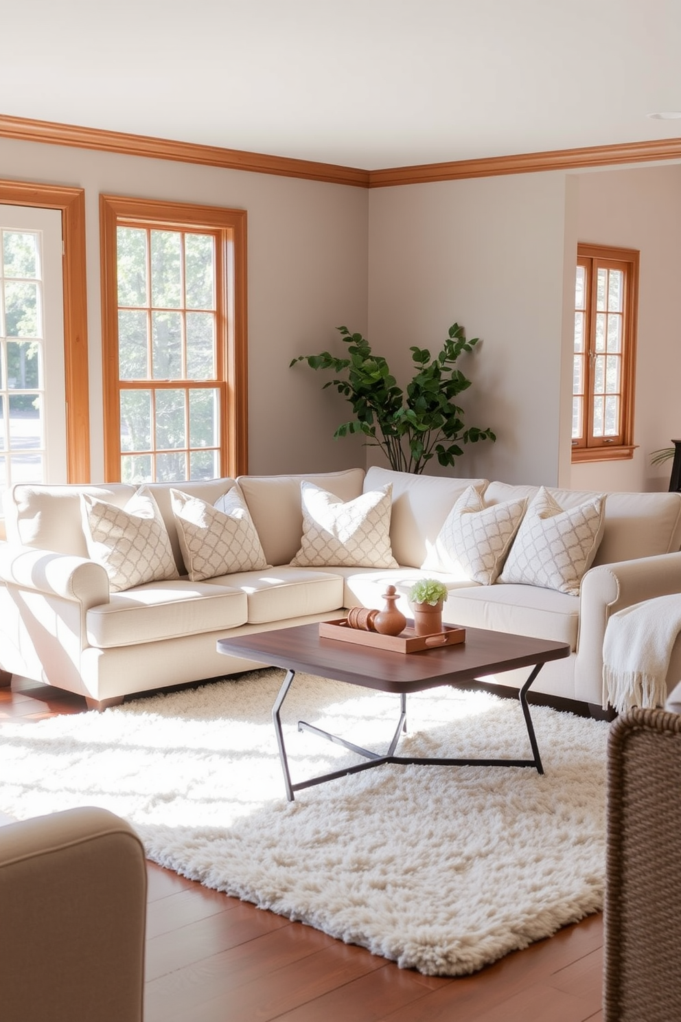 A cozy living room filled with natural light. The space features a soft beige sofa adorned with neutral patterned throw pillows that invite comfort and relaxation. A stylish coffee table sits in front of the sofa, surrounded by a plush area rug that adds warmth to the room. The walls are painted in a light taupe shade, complemented by wooden accents for a welcoming atmosphere.