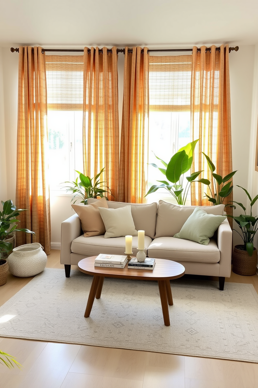 A cozy living room featuring natural fiber curtains that gently filter sunlight. The space is adorned with neutral tones, including a soft beige sofa and a light gray area rug, creating a serene atmosphere. Accents of greenery are added with potted plants in the corners, enhancing the organic feel of the room. A wooden coffee table sits in the center, topped with a few decorative books and a simple candle for a touch of warmth.