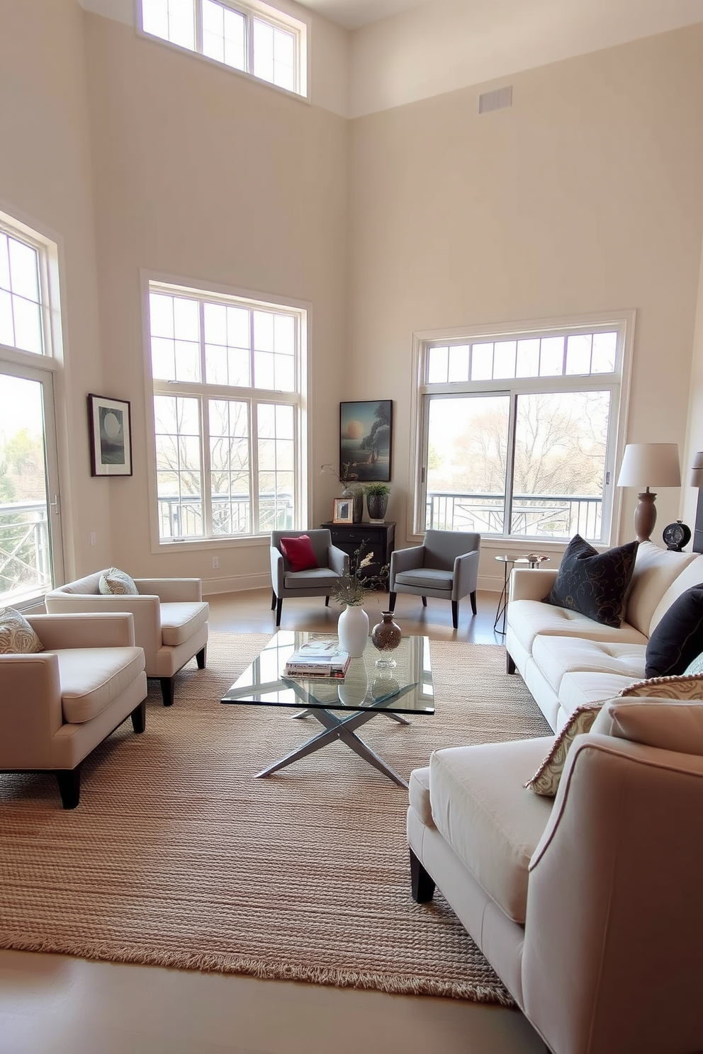 A spacious living room featuring a glass coffee table that enhances the open feel of the space. The room is adorned with soft beige walls and a plush cream sofa, complemented by a pair of modern accent chairs in muted tones. Natural light floods the area through large windows, creating a warm and inviting atmosphere. A textured area rug anchors the seating arrangement, while decorative pillows add a pop of color and comfort to the design.