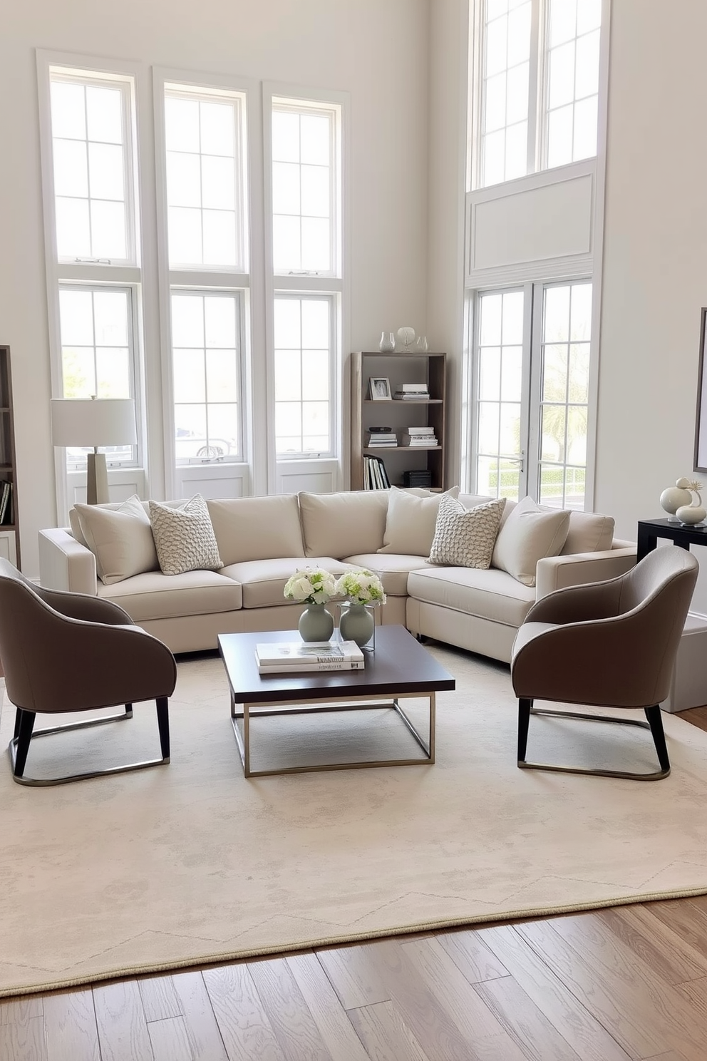 A neutral living room featuring soft beige walls and a plush cream sofa adorned with textured throw pillows. A sleek coffee table with subtle metallic accents sits in the center, complemented by a pair of elegant side chairs in muted tones. Natural light floods the space through large windows, illuminating a stylish area rug that ties the room together. Decorative elements include a minimalist bookshelf and a few carefully curated art pieces that enhance the sophisticated ambiance.