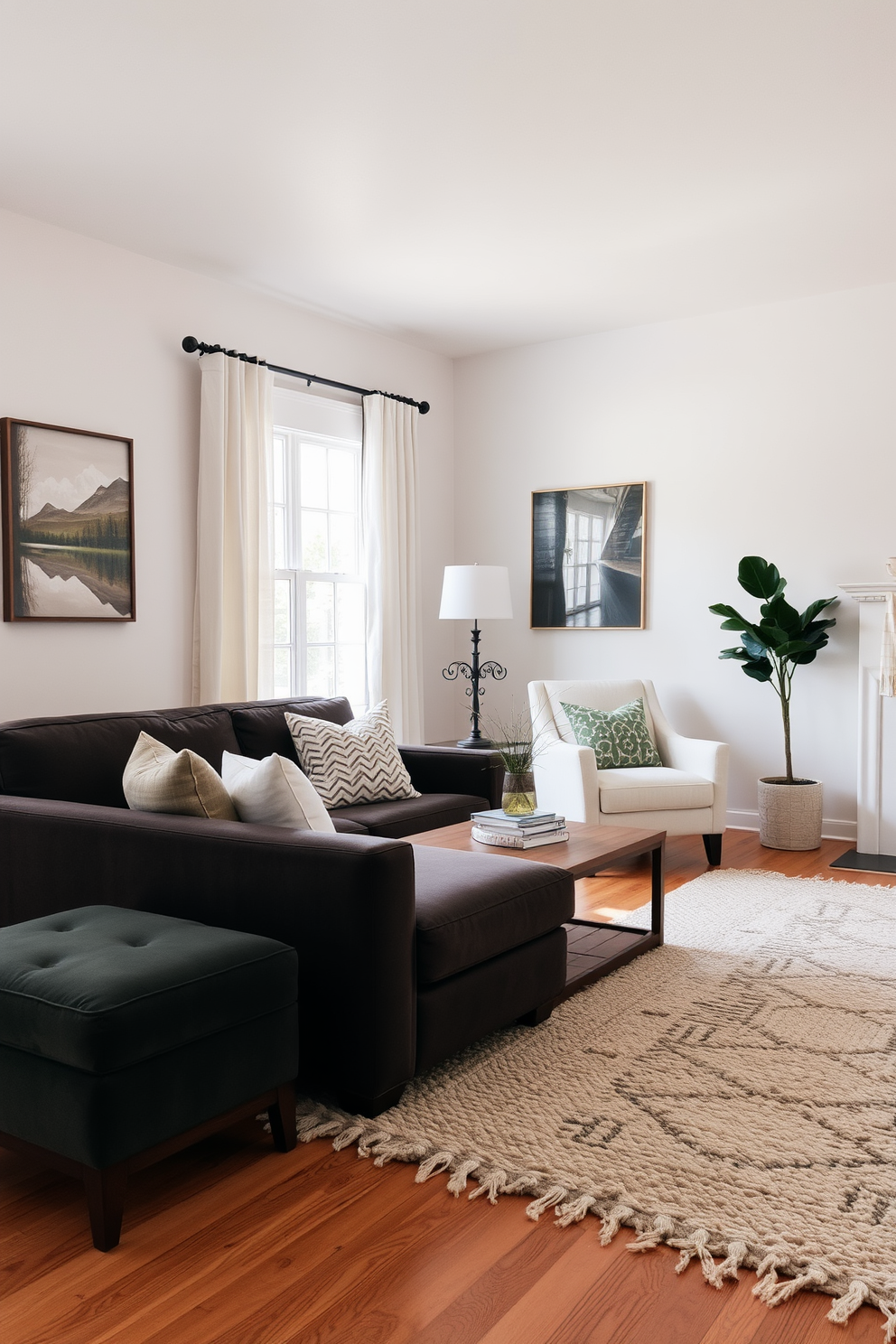 Warm wood flooring creates a cozy and inviting atmosphere in the living room. Layered area rugs in soft textures add warmth and visual interest to the neutral color palette.