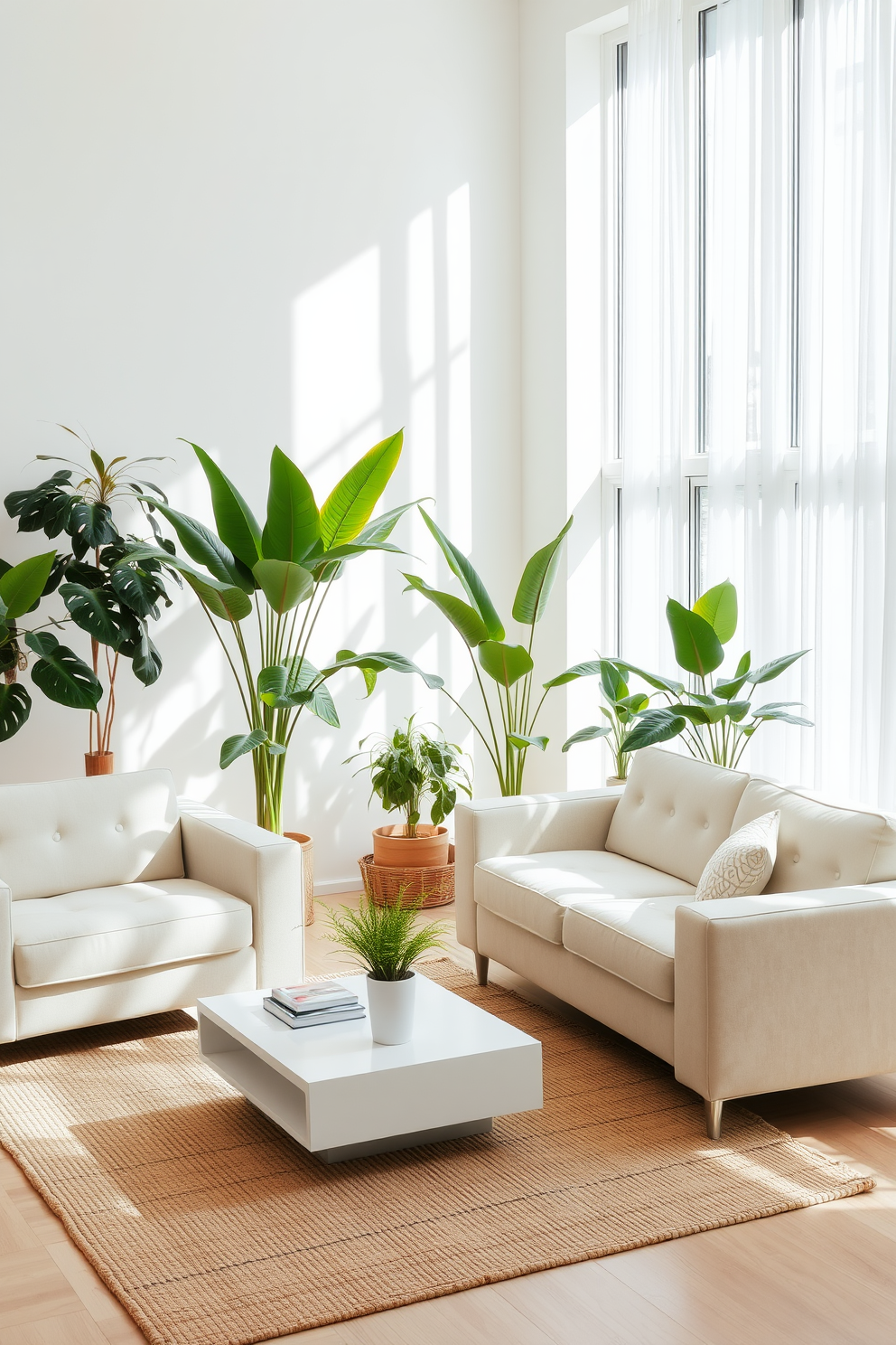 A bright living room filled with natural light. Lush indoor plants are strategically placed around the space, adding a fresh and lively vibe. The furniture features a neutral color palette with soft beige and light gray tones. A cozy sofa is paired with a sleek coffee table, and a textured area rug anchors the seating area.