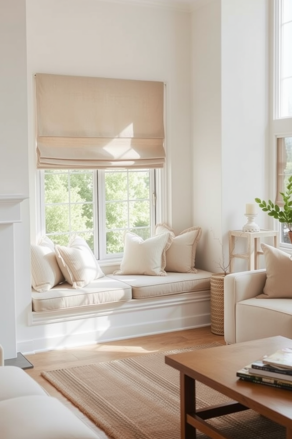 A cozy nook featuring a cushioned window seat adorned with plush pillows. The space is filled with natural light, creating a warm and inviting atmosphere. The living room design embraces neutral tones with soft beige and cream accents. A mix of textures, such as a woven rug and smooth wood furniture, adds depth to the serene environment.