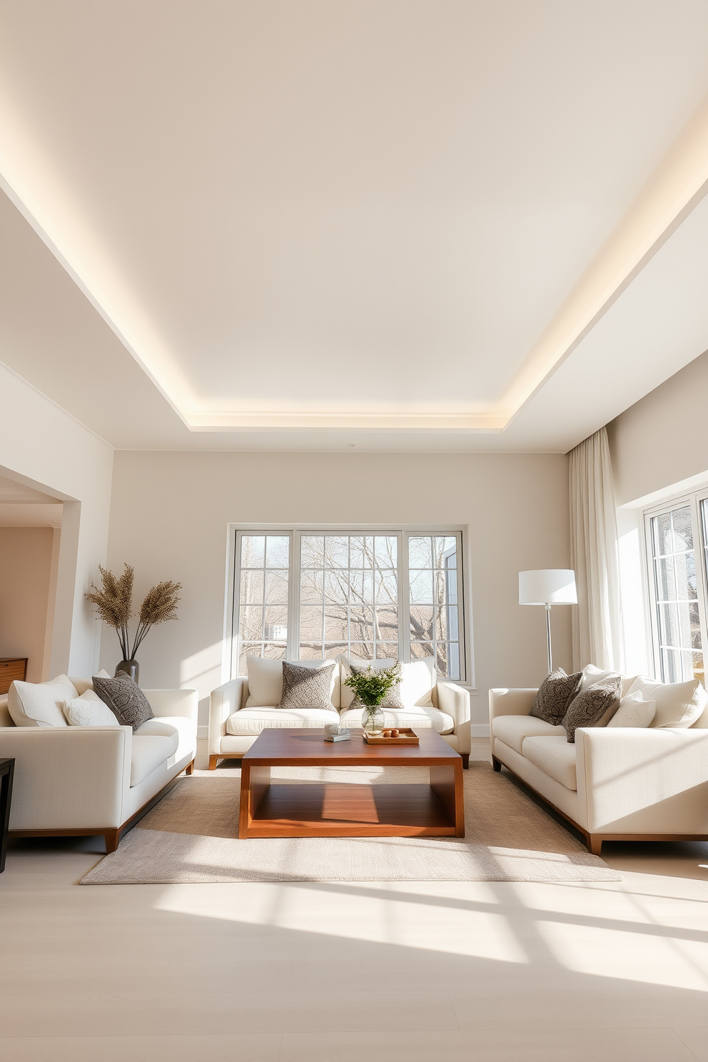 A soft white ceiling with recessed lighting creates an airy atmosphere in the living room. The neutral color palette features light beige walls and a plush cream sofa adorned with textured throw pillows. A sleek coffee table made of natural wood sits in the center, complemented by a soft area rug in muted tones. Large windows allow natural light to flood the space, highlighting the minimalist decor and enhancing the sense of openness.