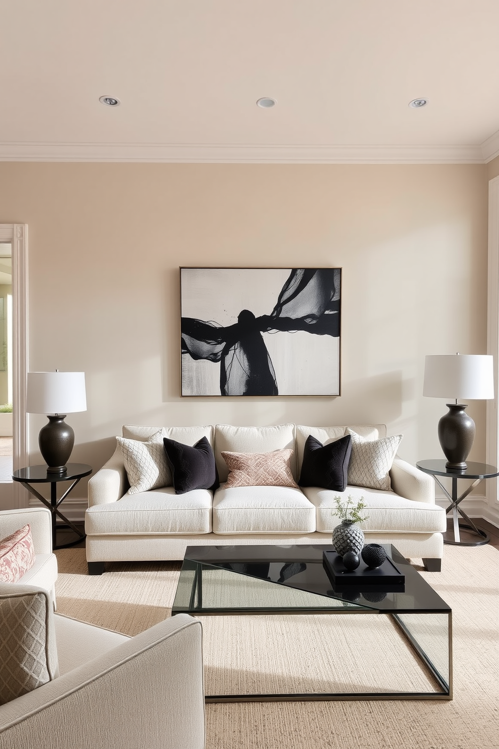 A serene living room featuring a neutral color palette that creates a calming atmosphere. The walls are painted in soft beige, complemented by a plush cream sofa adorned with textured throw pillows. A striking piece of bold artwork hangs above a sleek, modern coffee table, drawing the eye and adding character to the space. Natural light floods in through large windows, illuminating the room and highlighting the elegant decor.