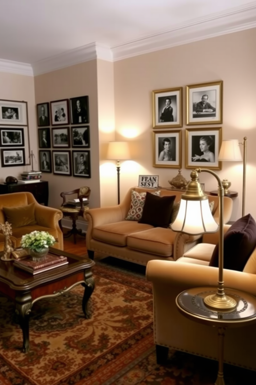 A cozy living room featuring vintage decor pieces that exude timeless appeal. The space includes an antique coffee table, plush velvet sofas, and a collection of framed black and white photographs on the walls. Soft beige walls create a warm backdrop, complemented by a vintage rug with intricate patterns. Elegant floor lamps with brass accents provide ambient lighting, enhancing the inviting atmosphere of the room.