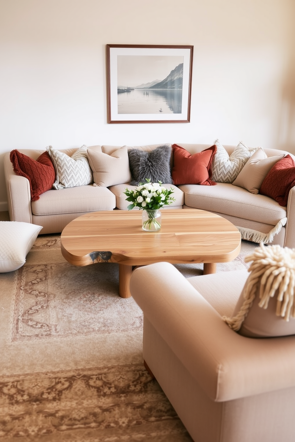 A cozy living room featuring a natural wood coffee table surrounded by soft, plush cushions in earthy tones. The walls are painted in a light beige, and a large area rug with subtle patterns anchors the seating area.