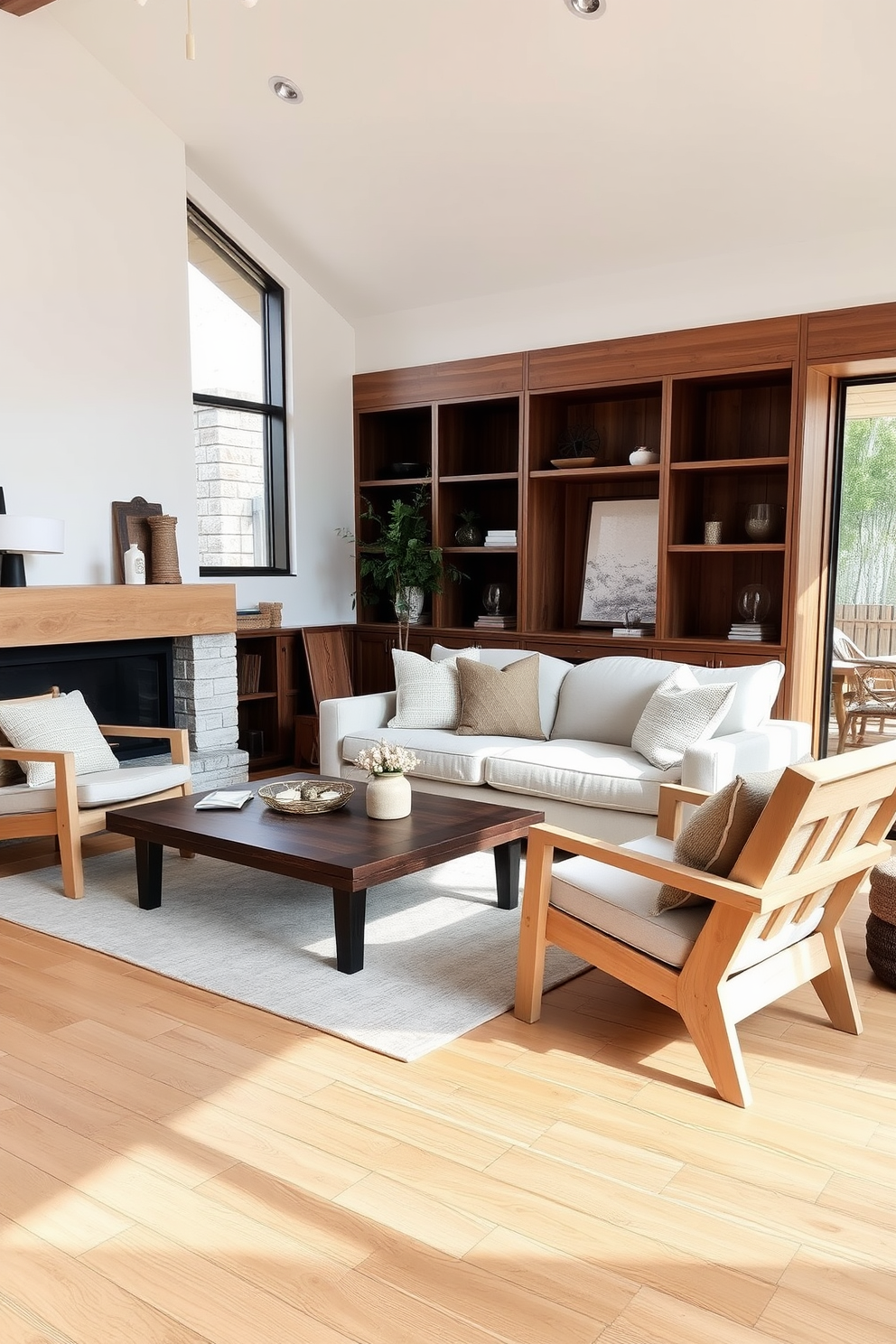 A neutral living room featuring a harmonious mix of light and dark wood elements. The space includes a plush beige sofa paired with a dark wood coffee table and light wood accent chairs. Large windows allow natural light to flood the room, highlighting the warm tones of the wooden flooring. Soft, textured throw pillows in muted colors add depth and comfort to the seating area.