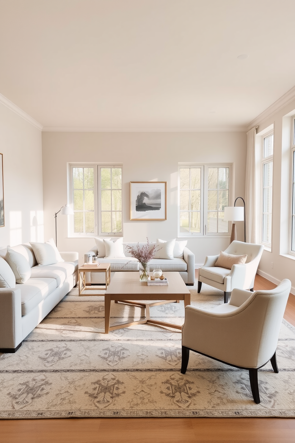 A neutral living room with soft beige walls and a light gray sofa creates a serene atmosphere. Muted pastel accents in the form of throw pillows and a cozy area rug add gentle contrast and warmth to the space. A sleek coffee table in a light wood finish sits at the center, surrounded by a pair of elegant armchairs upholstered in a soft pastel fabric. Large windows allow natural light to flood the room, enhancing the airy and inviting feel of the design.