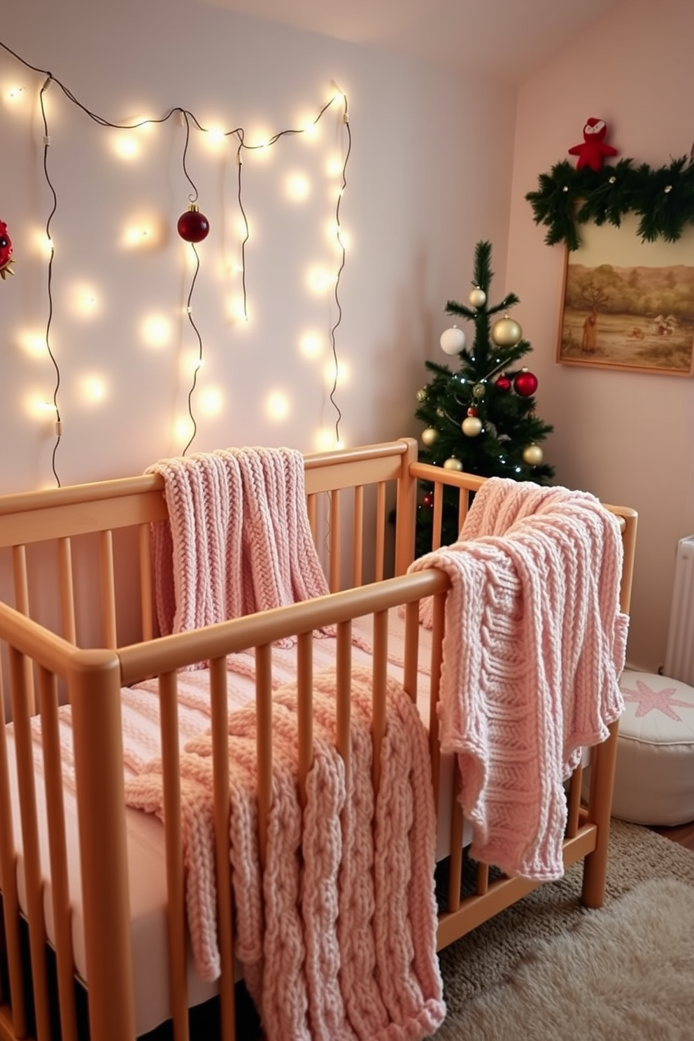 A cozy nursery scene featuring a crib adorned with soft, cozy knitted blankets in pastel colors. The room is decorated for Christmas with twinkling fairy lights, a small tree in the corner, and festive ornaments hanging from the walls.