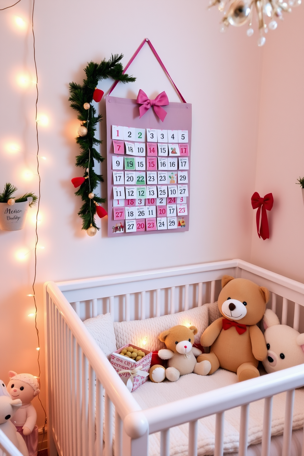 A charming nursery adorned for Christmas with an Advent calendar hanging on the wall. The room features soft pastel colors with festive decorations including twinkling fairy lights and plush toys arranged around a cozy reading nook.