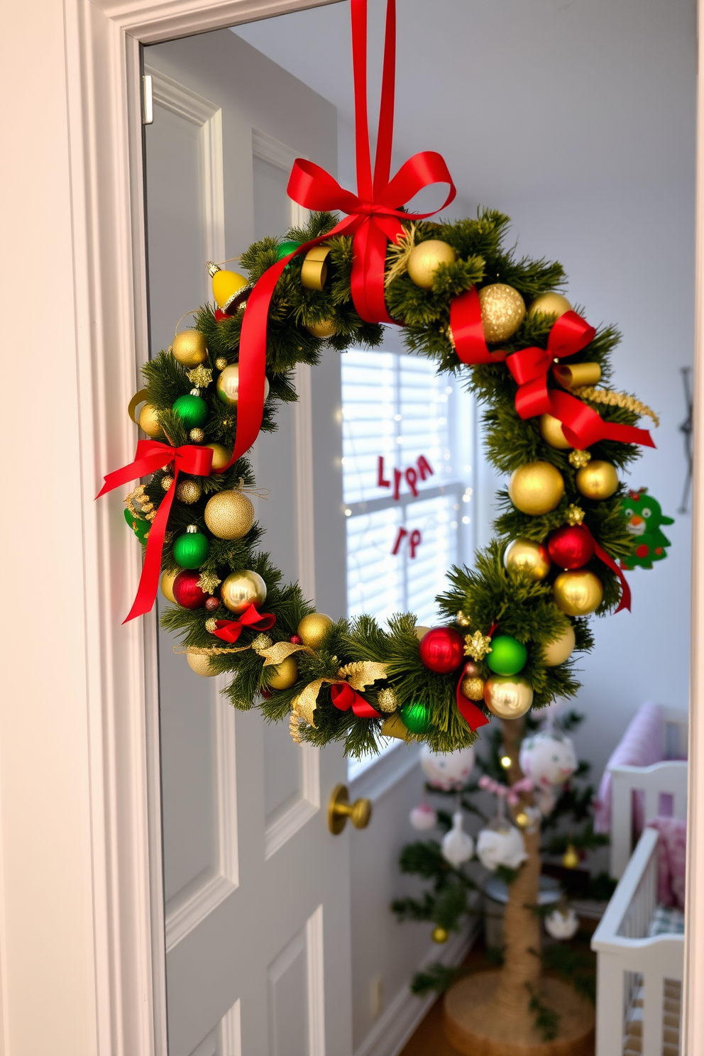 A colorful wreath adorned with vibrant ribbons and ornaments hangs on the nursery door, welcoming guests with festive cheer. The wreath features a mix of red, green, and gold elements, perfectly complementing the soft pastel colors of the nursery. Inside the nursery, playful Christmas decorations create a warm and inviting atmosphere. Twinkling fairy lights drape across the window, and a small tree decorated with handcrafted ornaments sits in the corner, adding a touch of holiday magic.