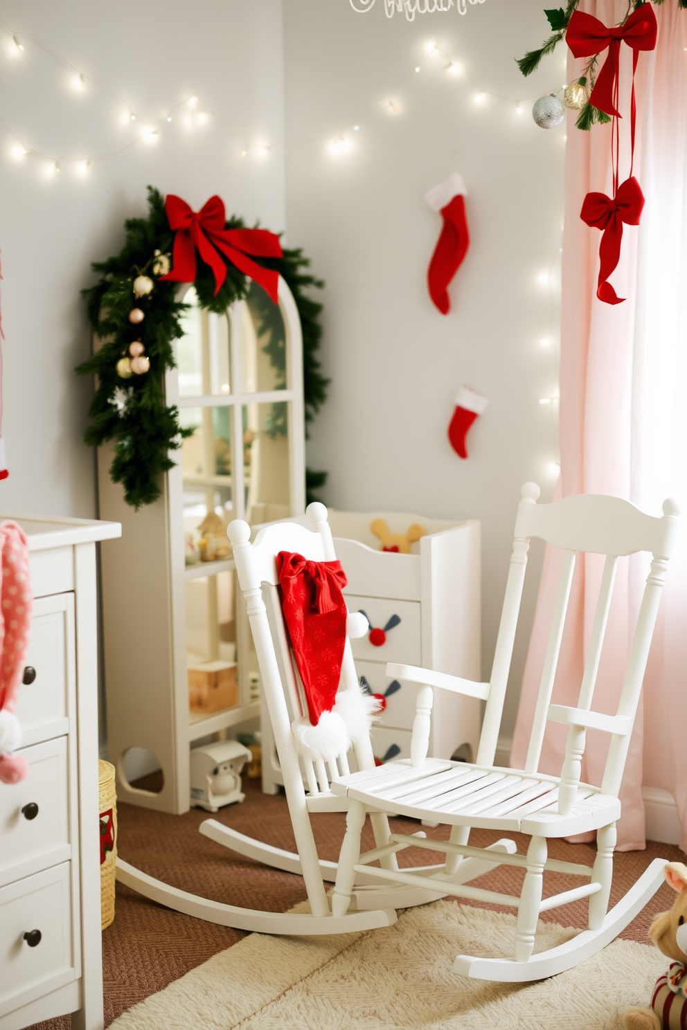 A cozy nursery decorated for Christmas with rocking chairs featuring Santa hats draped over the backs. Soft pastel colors dominate the room, complemented by twinkling fairy lights and festive ornaments adorning the walls.