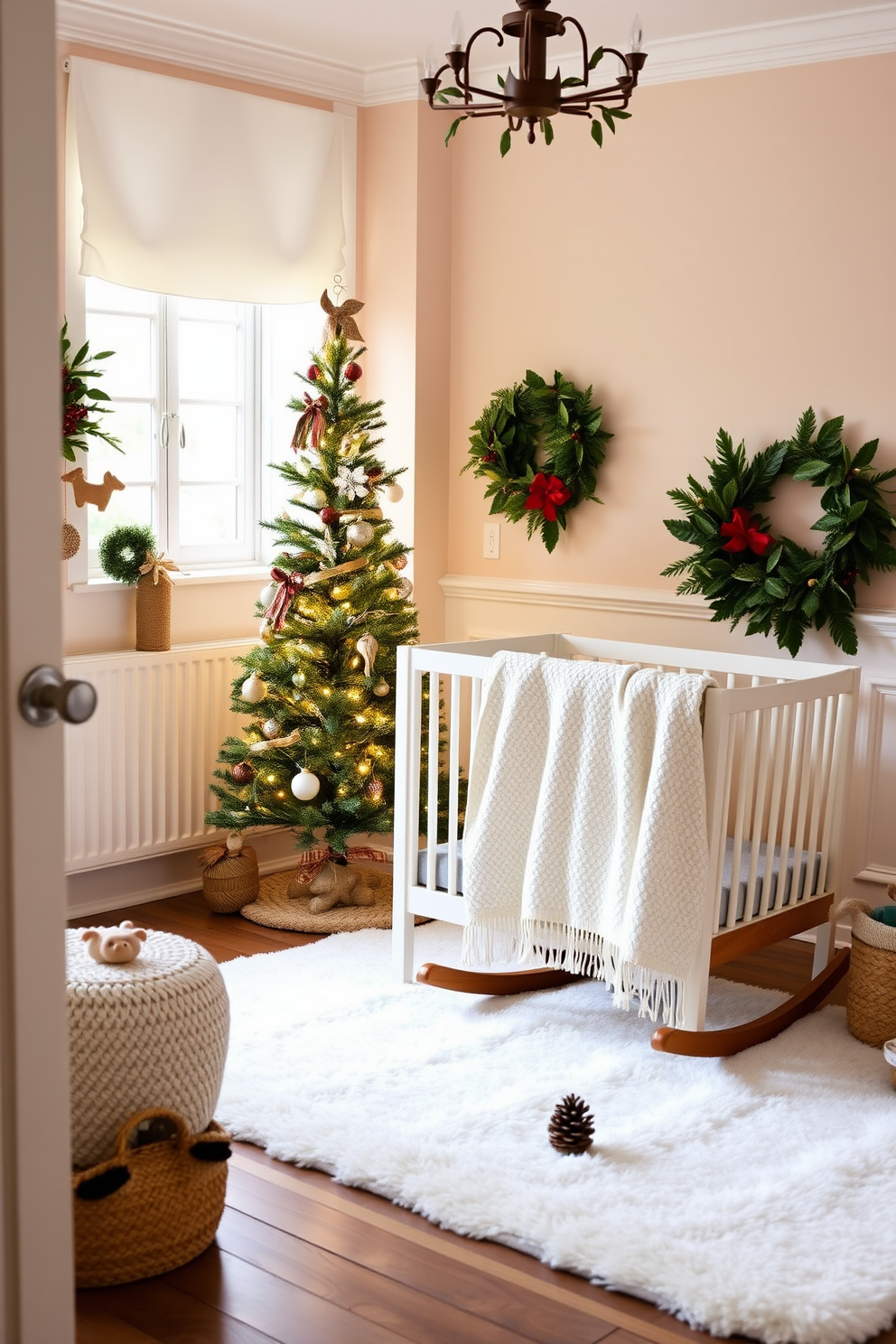 A cozy nursery decorated for Christmas features natural elements like pinecones and holly. The walls are painted in soft pastel colors, and a plush white rug adds warmth to the space. A beautifully adorned Christmas tree stands in one corner, decorated with handmade ornaments and twinkling lights. A wooden rocking chair sits nearby, draped with a festive blanket and surrounded by small decorative pinecones.