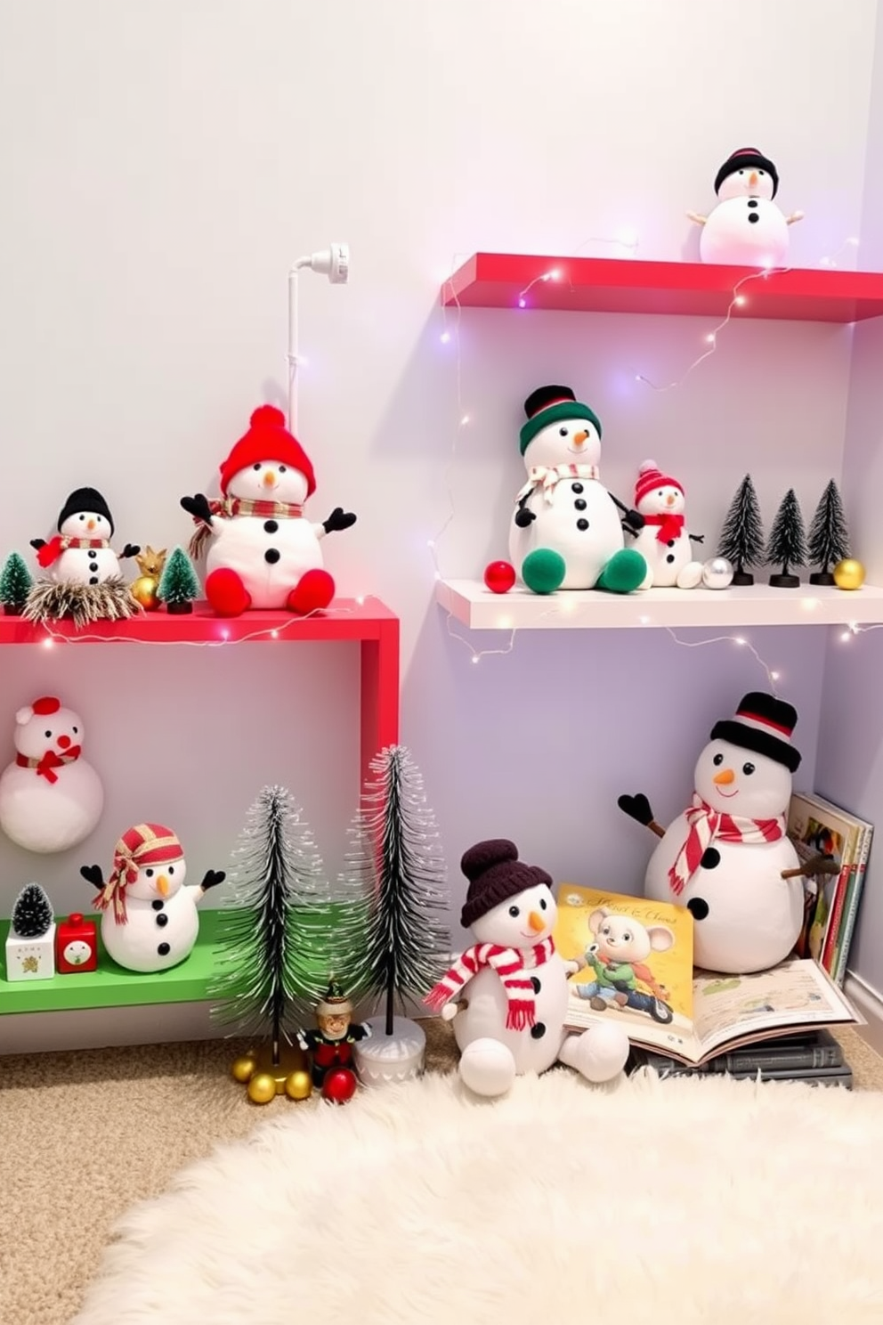 Cute snowman decorations are placed on colorful shelves adorned with twinkling fairy lights. Soft plush snowmen in various sizes sit alongside festive ornaments and small pine trees, creating a whimsical holiday atmosphere in the nursery. The walls are painted in a soft pastel shade, complementing the cheerful decorations. A cozy reading nook with a fluffy rug and holiday-themed books adds to the charm of the Christmas decor.