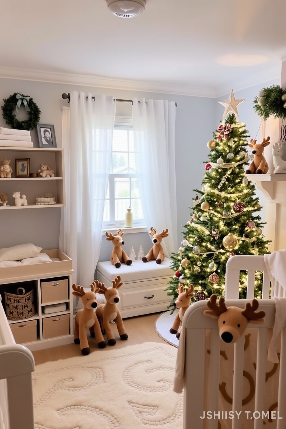 A cozy nursery adorned with soft plush reindeer as decor. The room features a gentle color palette of pastel blues and whites, creating a serene atmosphere for the holidays. A beautifully decorated Christmas tree stands in the corner, surrounded by twinkling lights and festive ornaments. Plush reindeer sit on the shelves and window sills, adding a whimsical touch to the cheerful setting.